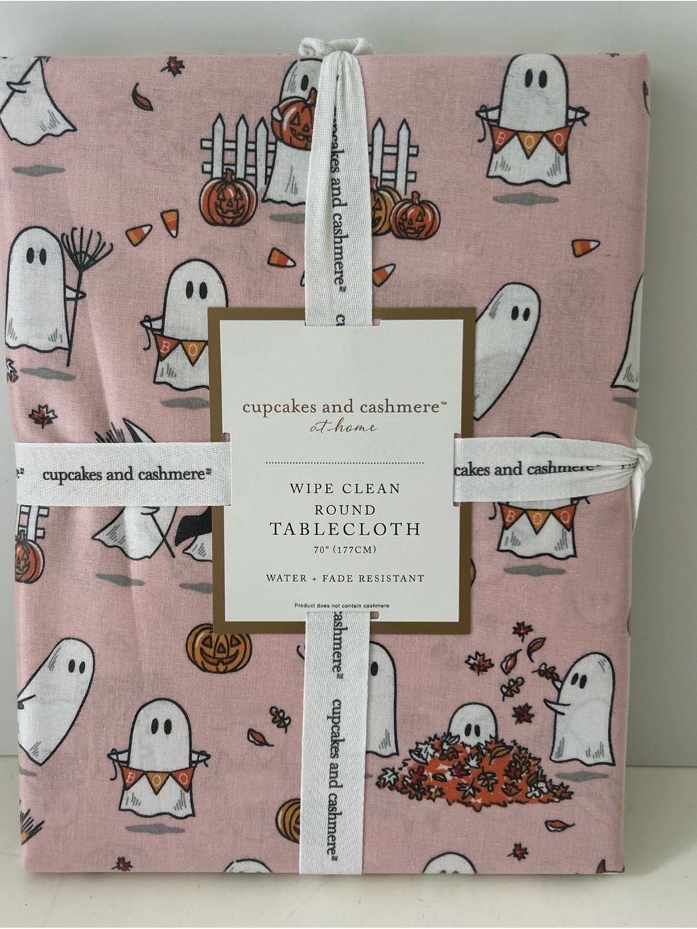 Cupcakes & Cashmere Halloween Tablecloth Pink Ghost Pumpkins Wipe-Clean Round 70